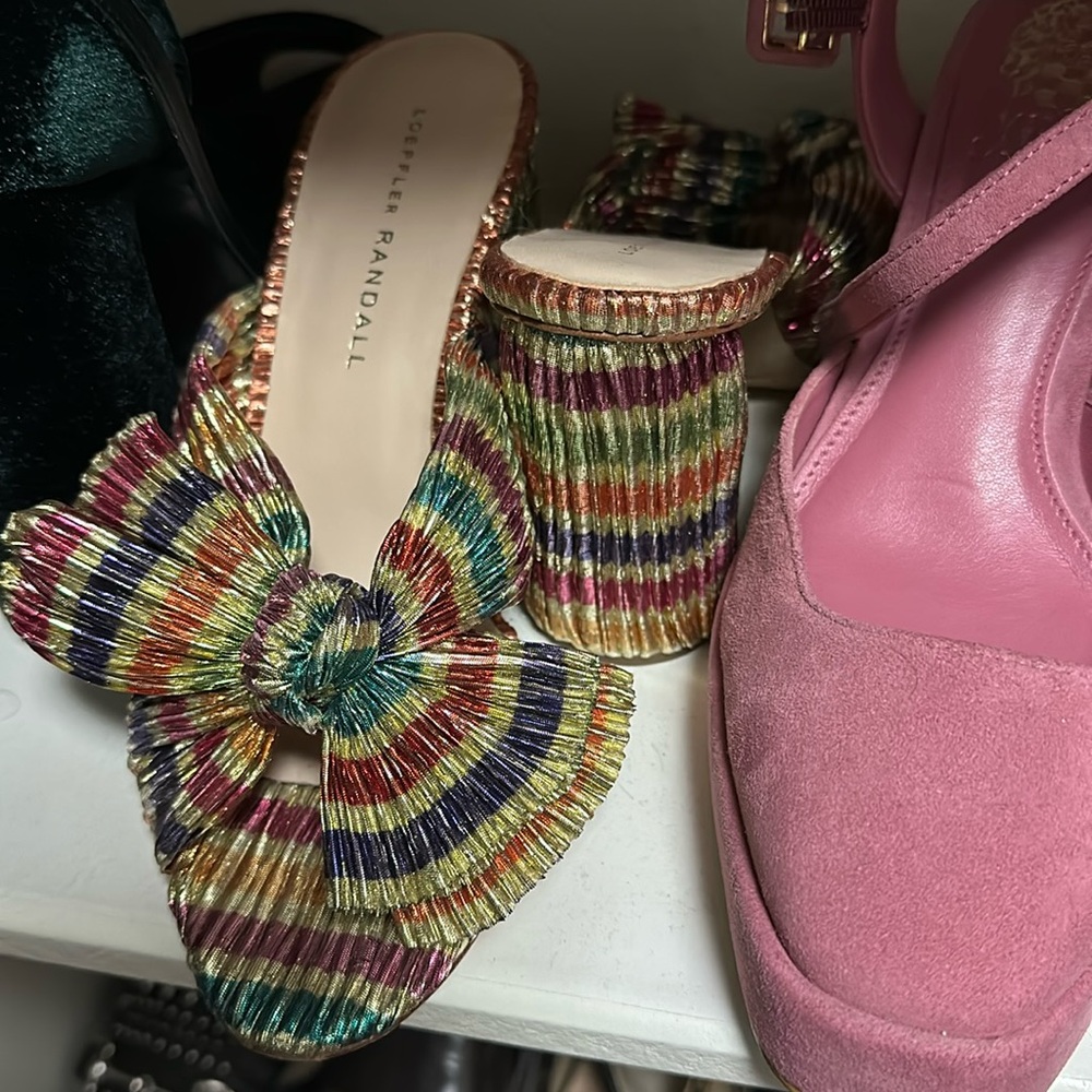 Loeffler Randall Penny pleated metallic rainbow stripe slide mule sandals